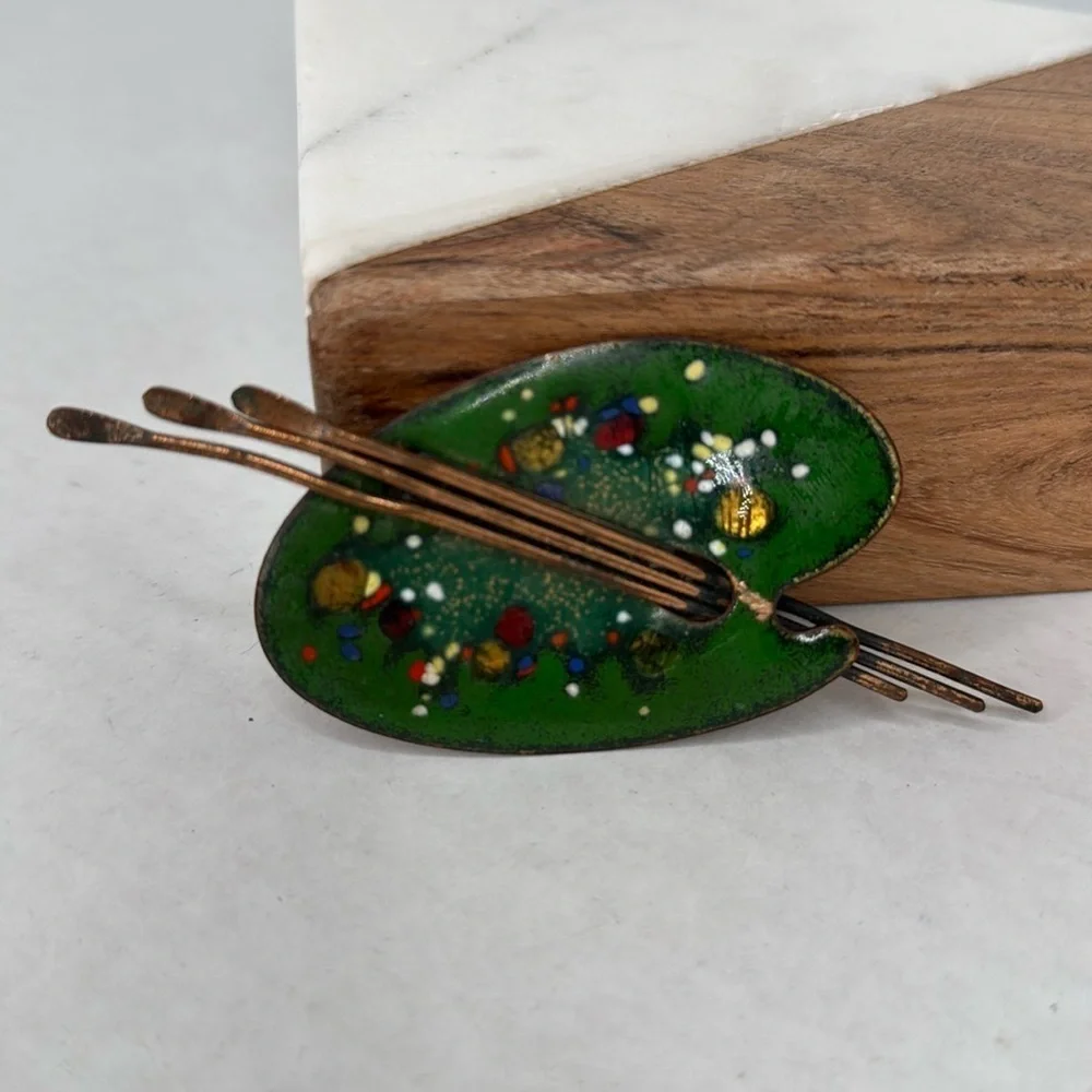 1950s Matisse Artist Palette Green Enamel Copper Mid Century Statement Brooch B1